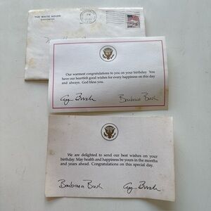 2x GEORGE BUSH BARBARA PRESIDENT WHITE HOUSE SEAL BIRTHDAY GREETING CARD SIGNED